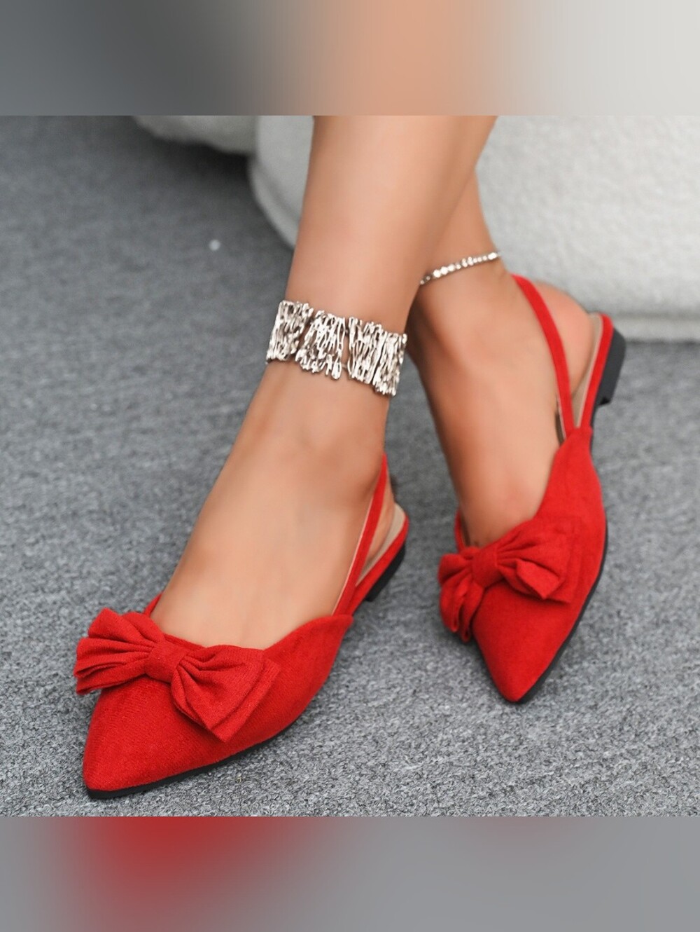 Women's Red Bow Pointed-Toe Slingback Flats - Women Sandals